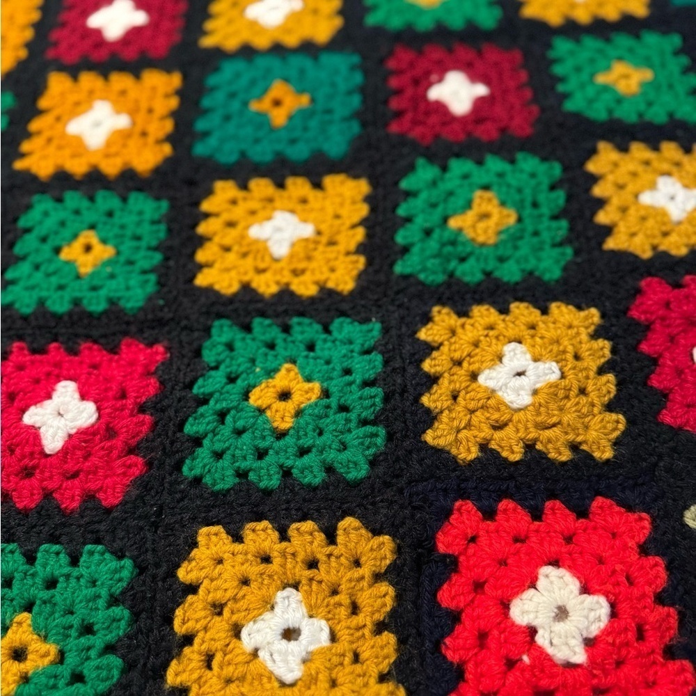 Crochet Lap Blanket. Handmade. 29”X59”. Black/red/green